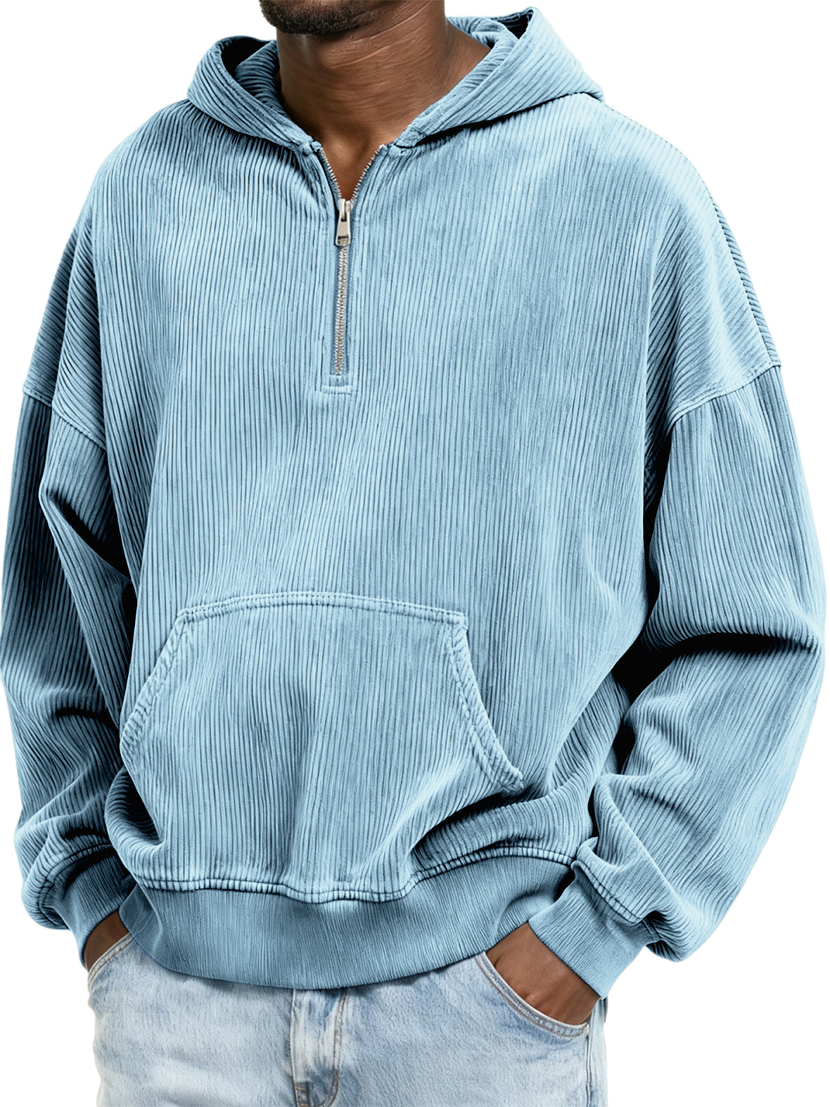 Corduroy Ribbed Stylish Quarter Zip Pullover Sweatshirt with Kangaroo Pocket