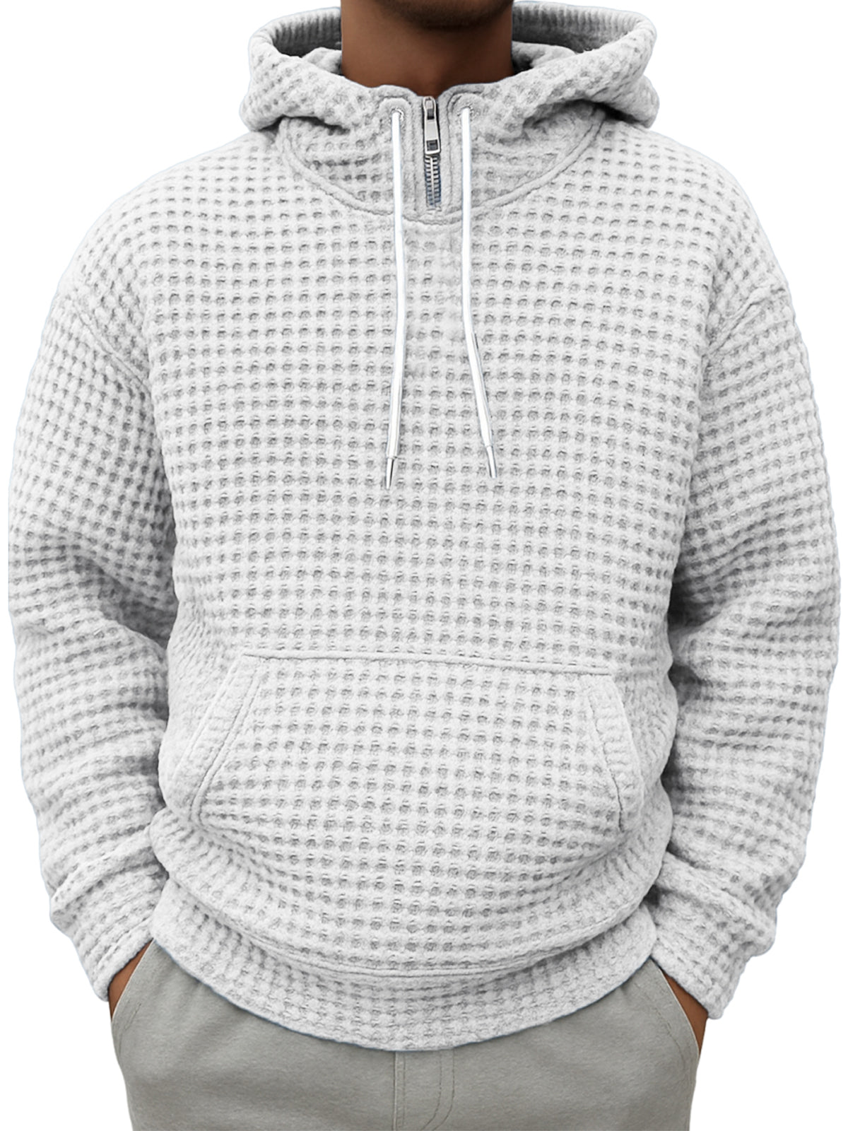 Men's Half-zip Plaid Textured Casual Hooded Sweatshirt