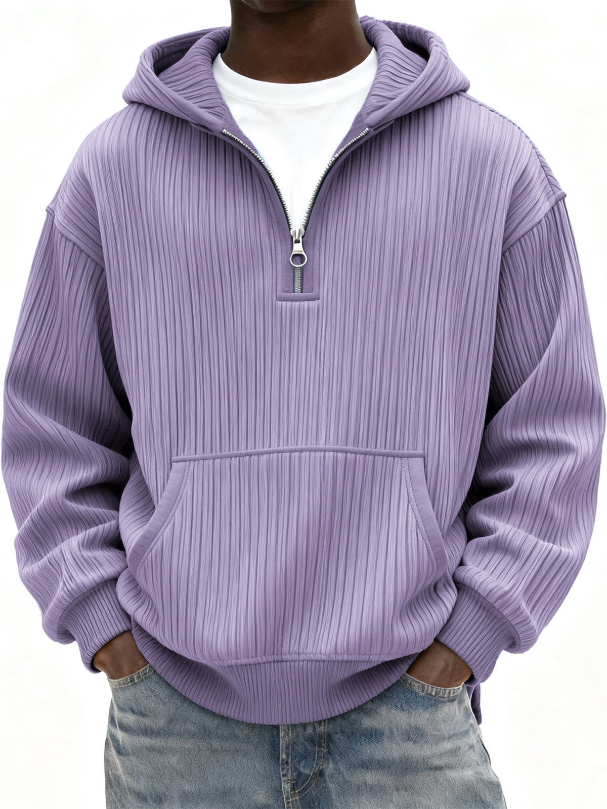Men's Ribbed Quarter Zip Hoodie with Kangaroo Pocket