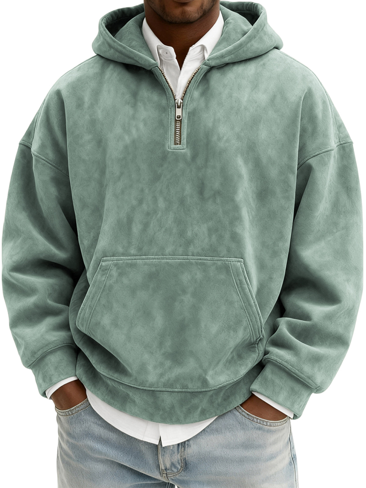 Men's Vintage Suede Quarter-Zip Hooded Sweatshirt with Kangaroo Pocket