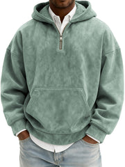 Men's Vintage Suede Quarter-Zip Hooded Sweatshirt with Kangaroo Pocket