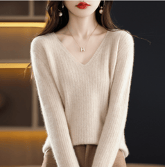 Women's V-Neck Pullover Long Sleeve Solid Color Cashmere Sweater
