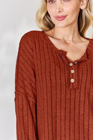 Women's Basic Bae Full Size Ribbed Half Button Long Sleeve T-Shirt