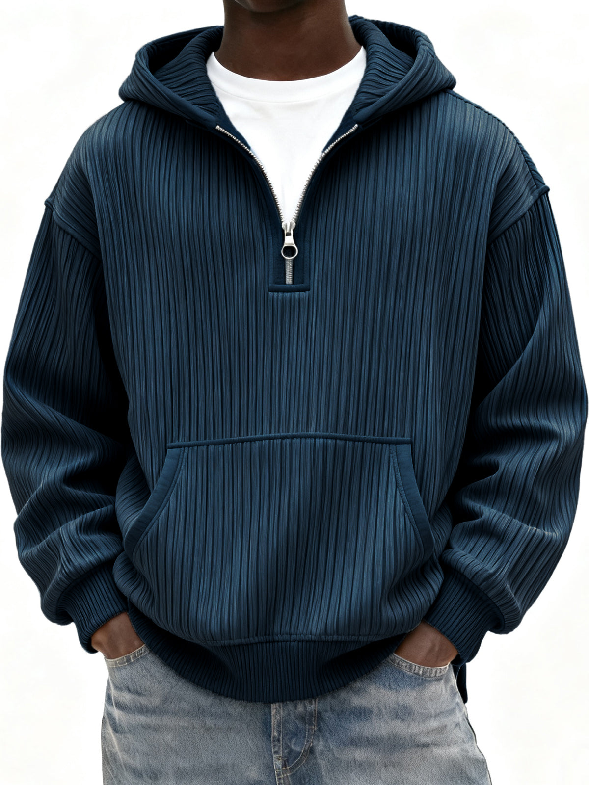 Men's Ribbed Quarter Zip Hoodie with Kangaroo Pocket