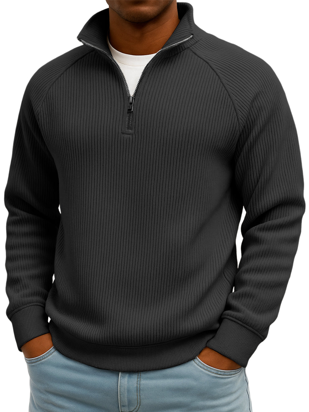 Men's Simple Casual Ribbed Stand-up Collar Quarter Zip Raglan Sleeve Sweatshirt