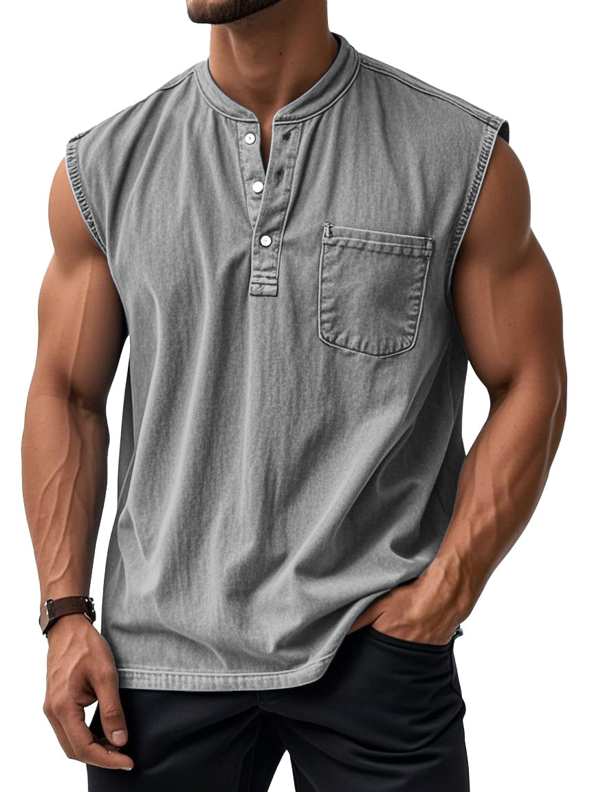 Men's Retro Solid Color Simple Sleeveless Henley Shirt