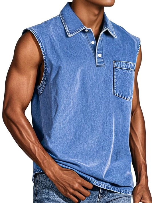 Men's Retro Casual Pocket Button Sleeveless Lapel POLO Shirt