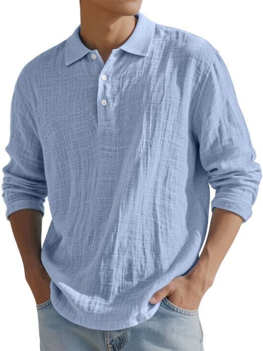 Men's Simple Solid Color Breathable Linen Long-sleeved Polo Shirt