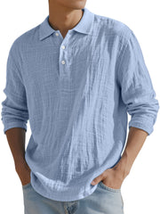 Men's Simple Solid Color Breathable Linen Long-sleeved Polo Shirt