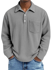 Men's Simple Solid Color Pit Lapel Button Long Sleeve POLO Shirt