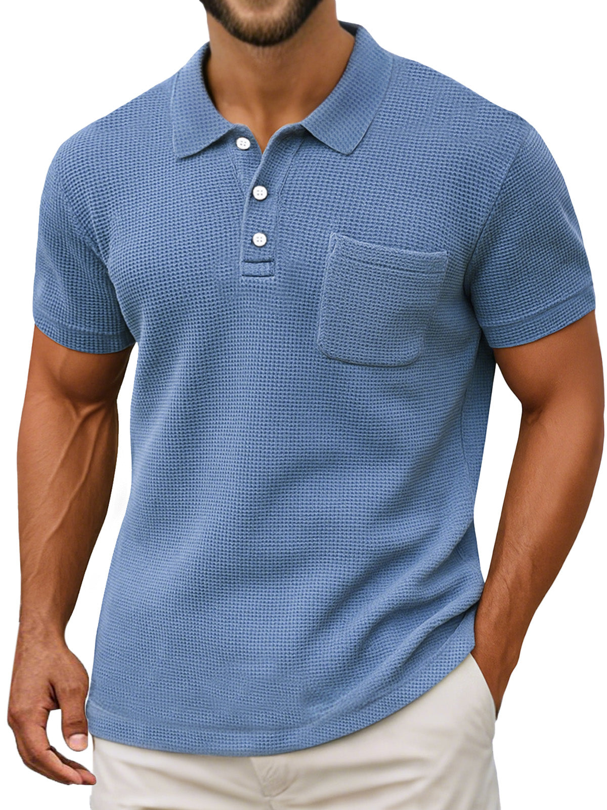 Men's Casual Vintage Waffle Pocket Lapel Button Down Short Sleeve Polo Shirt
