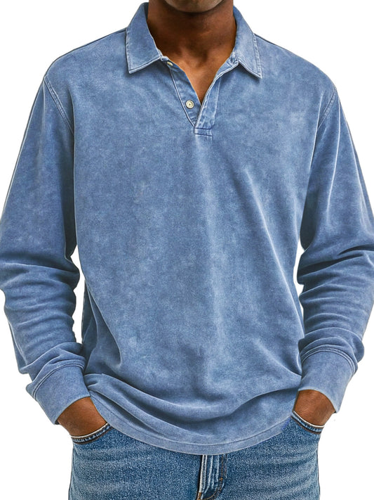 Men's Retro Solid Color Comfortable Loose Long Sleeve Polo Shirt