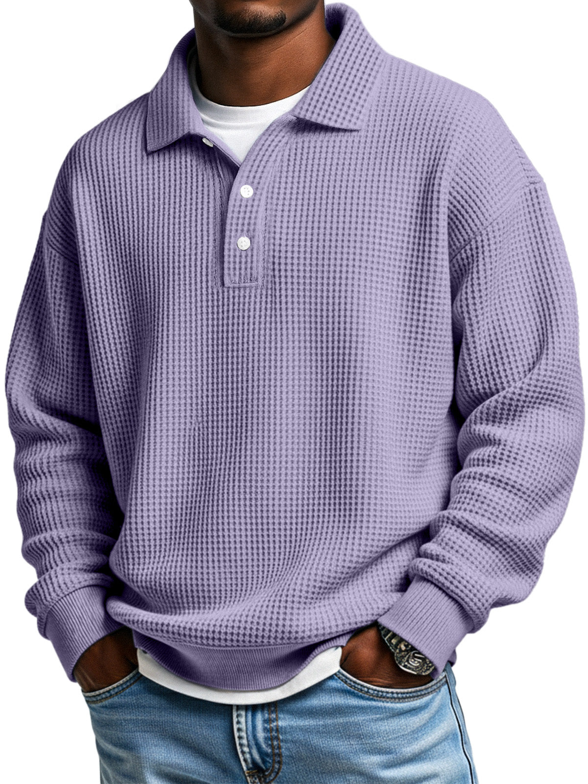 Men's Daily Loose Simple Waffle Lapel Button Long Sleeve POLO Shirt