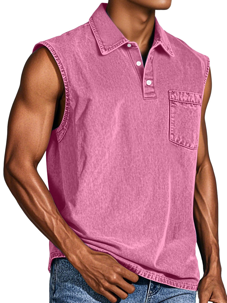 Men's Retro Casual Pocket Button Sleeveless Lapel POLO Shirt