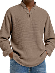 Men's Simple Solid Color Waffle Lapel Long Sleeve Polo Shirt