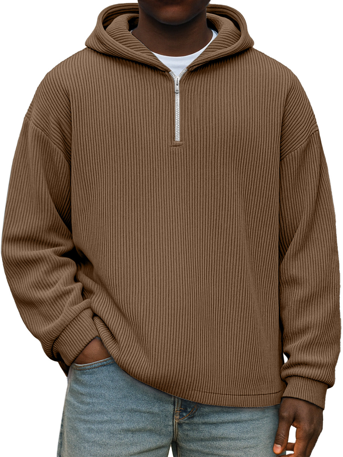 Winter Simple Casual Solid Color Vertical Pit Zipper Hooded Long Sleeve Sweater