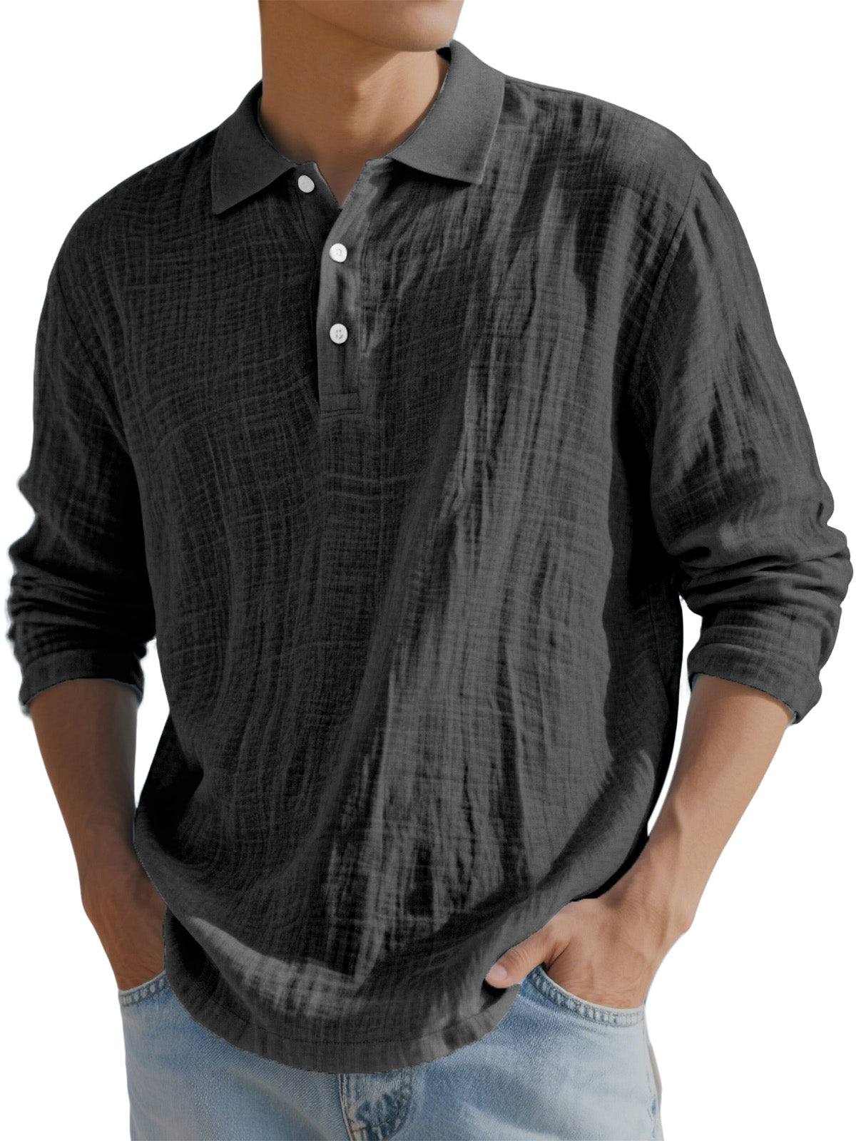 Men's Simple Solid Color Breathable Linen Long-sleeved Polo Shirt