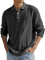 Men's Simple Solid Color Breathable Linen Long-sleeved Polo Shirt