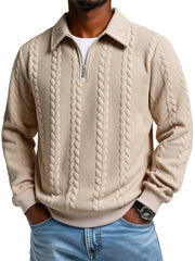 Men's Casual Solid Color Twist Texture Loose Long-sleeved Lapel Zipper Polo Shirt