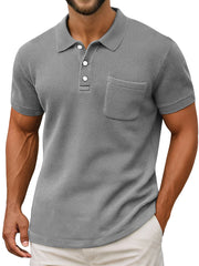 Men's Casual Vintage Waffle Pocket Lapel Button Down Short Sleeve Polo Shirt