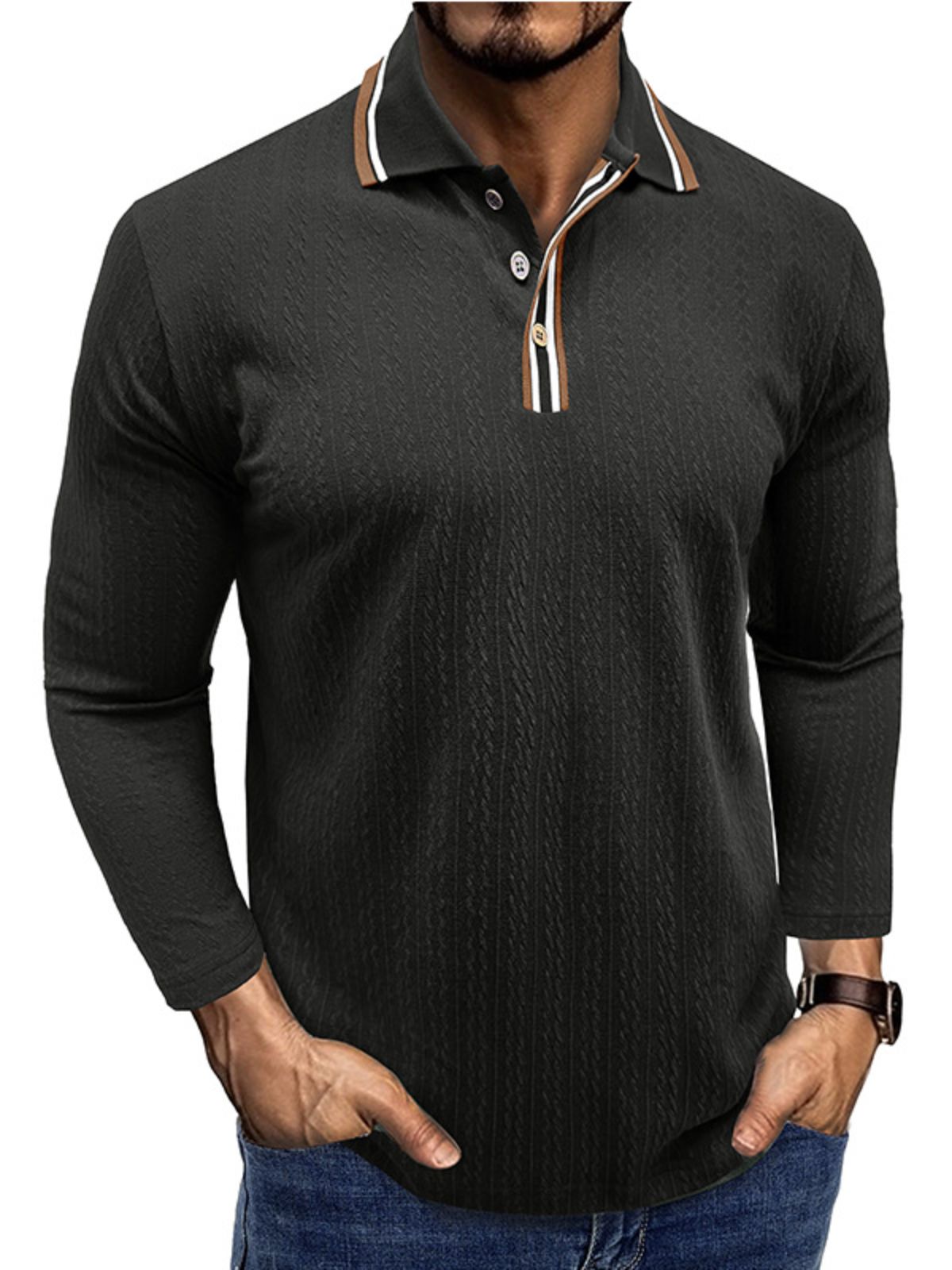 Men's Jacquard Long-sleeved POLO Shirt