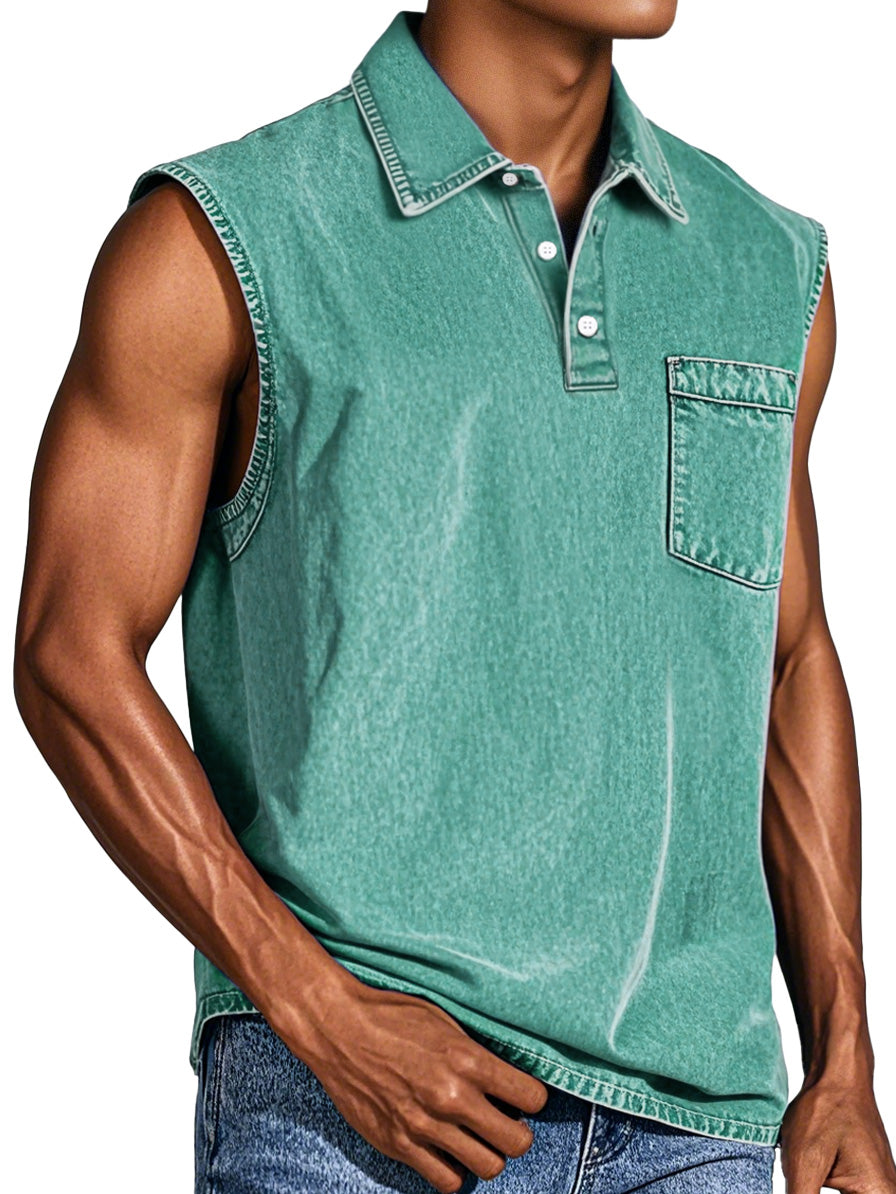 Men's Retro Casual Pocket Button Sleeveless Lapel POLO Shirt