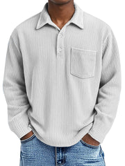 Men's Simple Solid Color Pit Lapel Button Long Sleeve POLO Shirt