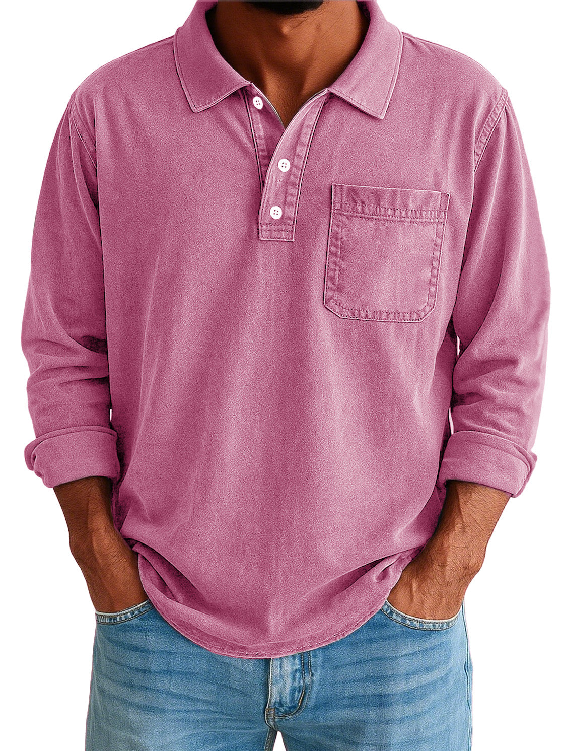 Men's Stylish Vintage Washed And Distressed Lapel Long-sleeved Polo Shirt With Pockets 