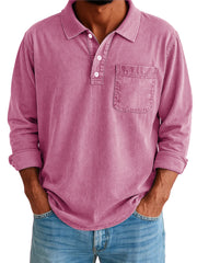 Men's Stylish Vintage Washed And Distressed Lapel Long-sleeved Polo Shirt With Pockets 