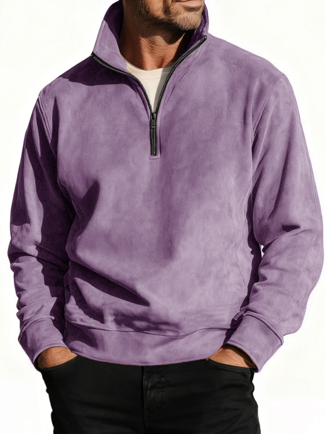 Men's Stylish Casual Suede Fabric Stand-up Collar Half-zip Long-sleeved Sweatshirt 