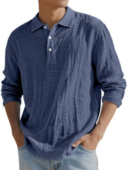 Men's Simple Solid Color Breathable Linen Long-sleeved Polo Shirt