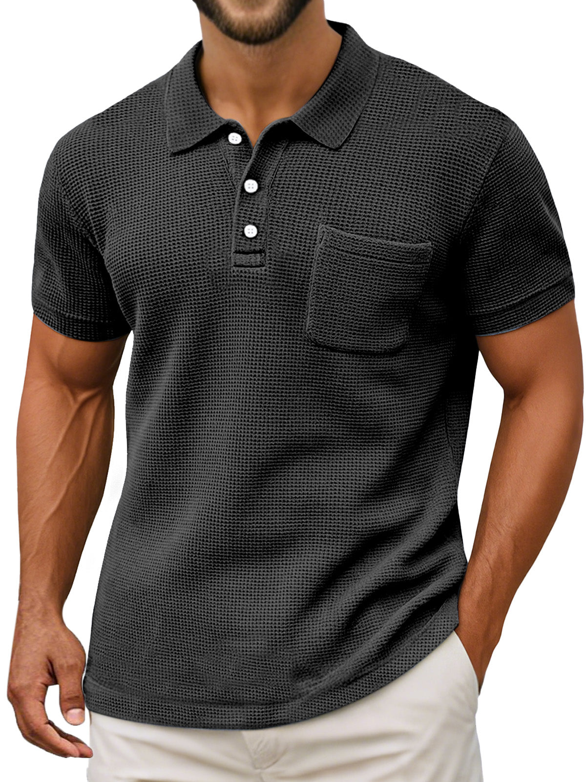 Men's Casual Vintage Waffle Pocket Lapel Button Down Short Sleeve Polo Shirt