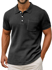 Men's Casual Vintage Waffle Pocket Lapel Button Down Short Sleeve Polo Shirt