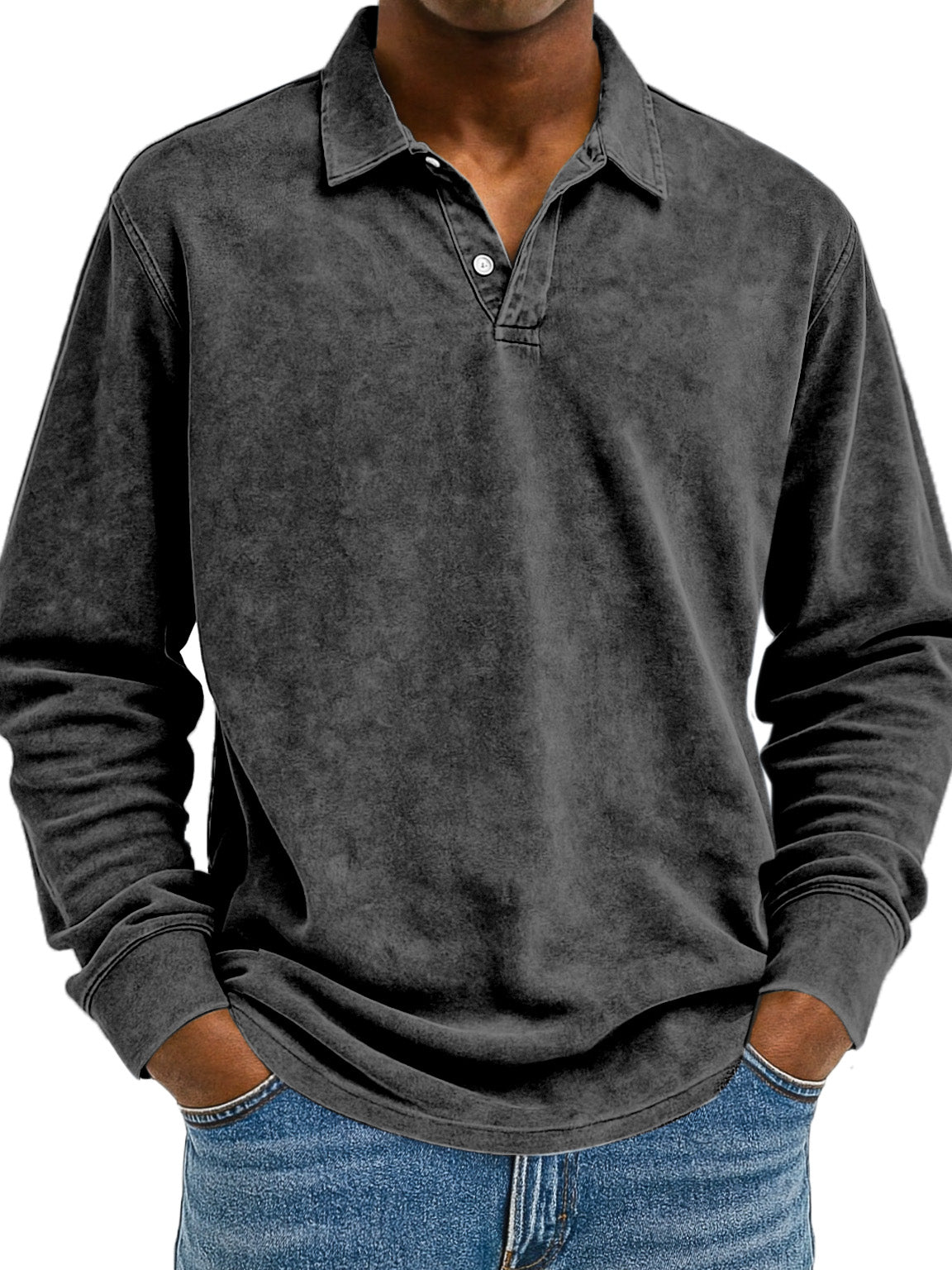 Men's Retro Solid Color Comfortable Loose Long Sleeve Polo Shirt
