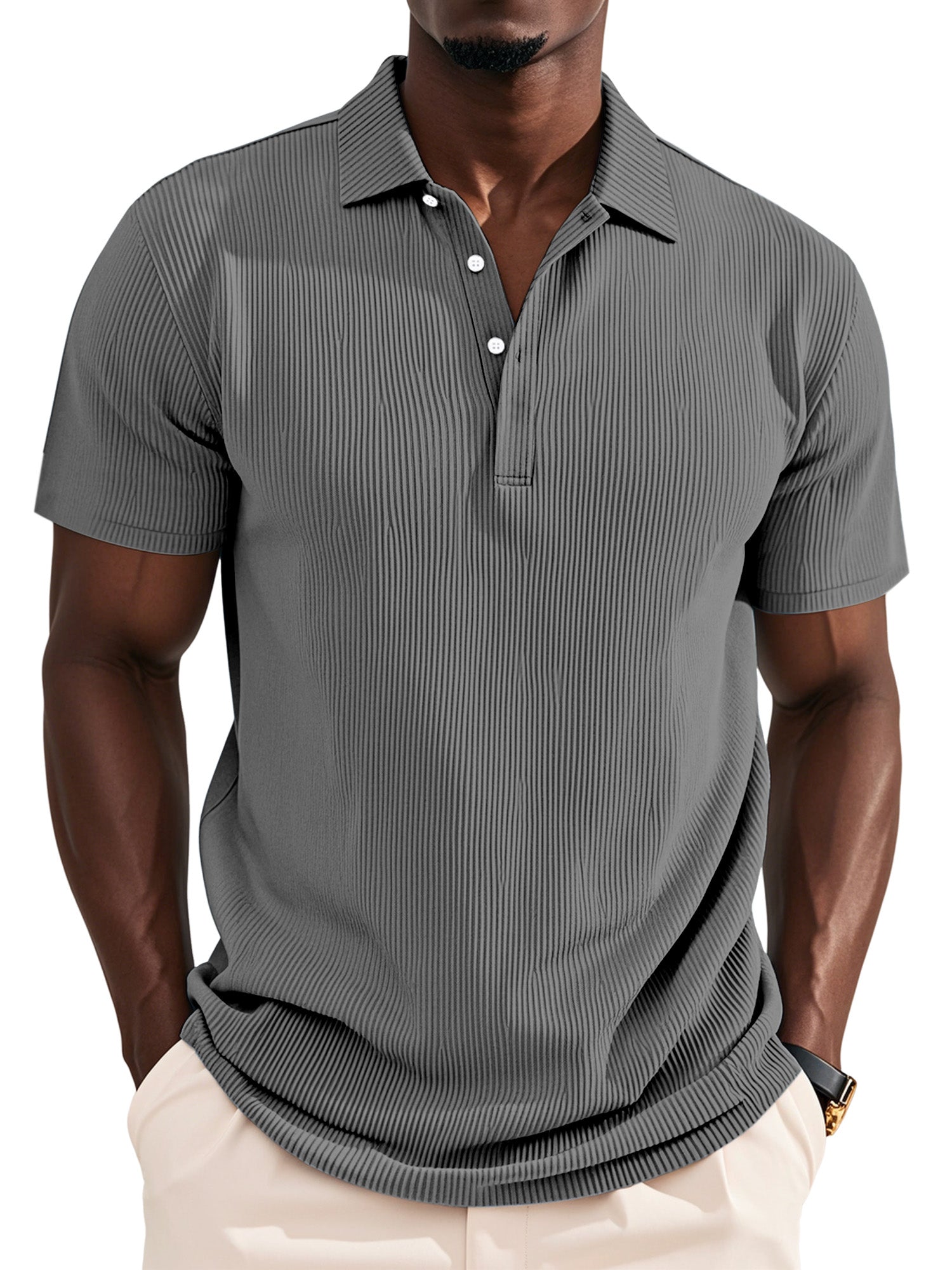 Men's Daily Solid Color Pit Button Lapel Short-sleeved Polo Shirt