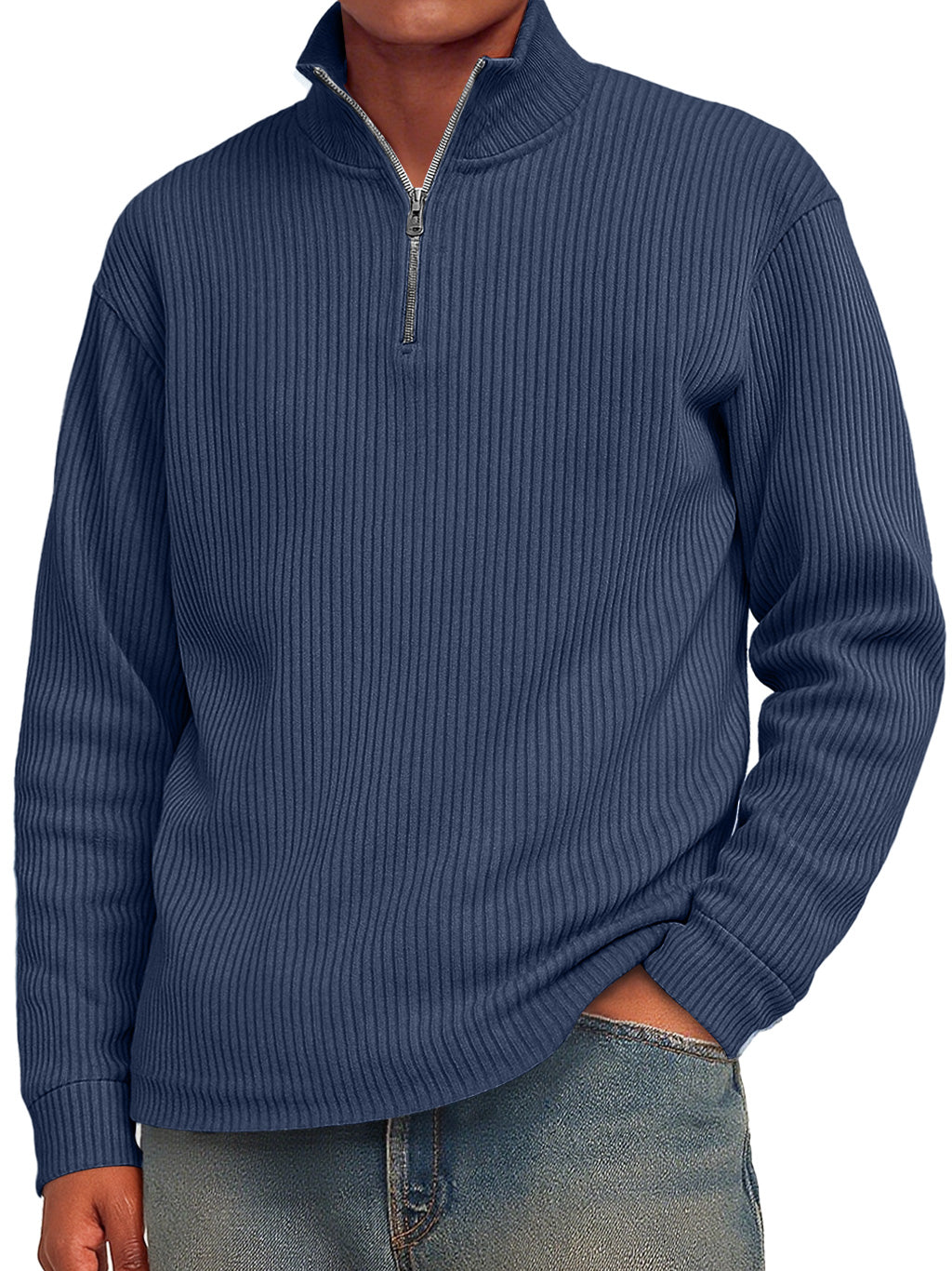 Men's Fashion Striped Stand Collar Zipper Casual Long Sleeve T-shirt