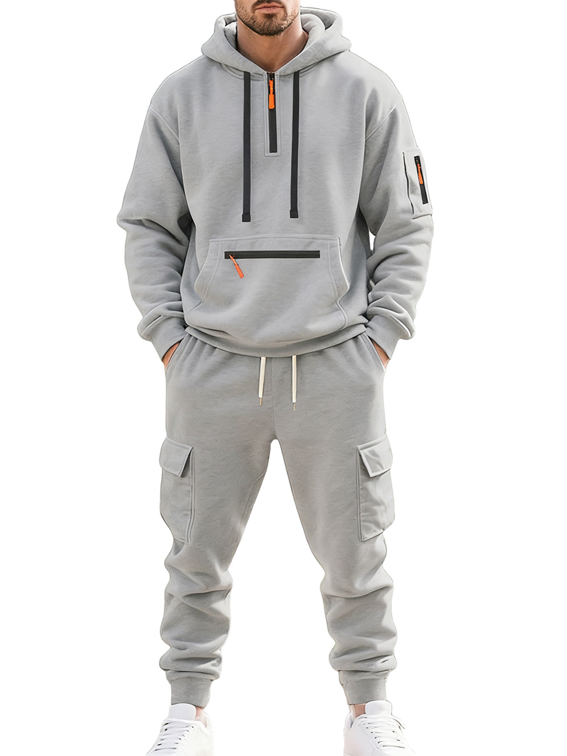 Men's Autumn and Winter Fleece Casual Zipper Sweatshirt Multi-Pocket Overalls Set