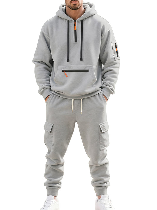 Men's Autumn and Winter Fleece Casual Zipper Sweatshirt Multi-Pocket Overalls Set