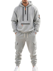 Men's Autumn and Winter Fleece Casual Zipper Sweatshirt Multi-Pocket Overalls Set