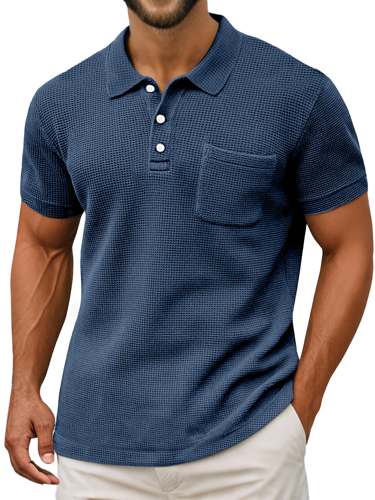 Men's Casual Vintage Waffle Pocket Lapel Button Down Short Sleeve Polo Shirt
