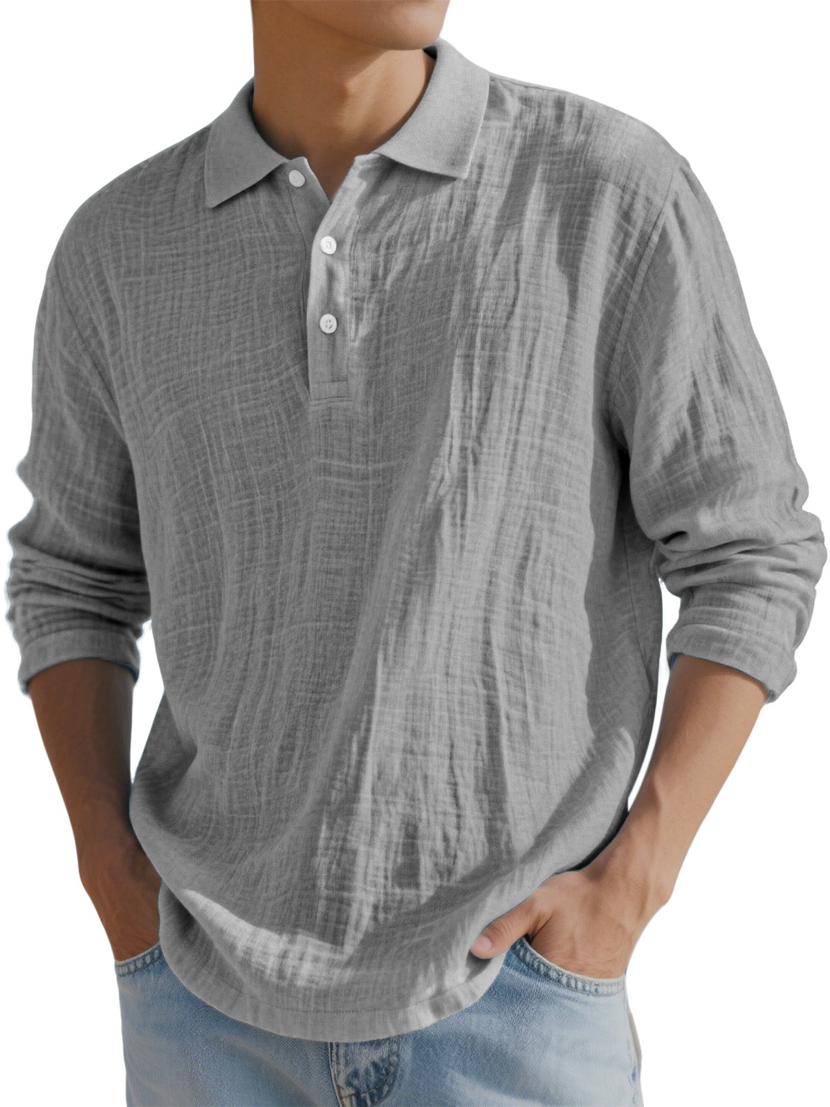 Men's Simple Solid Color Breathable Linen Long-sleeved Polo Shirt