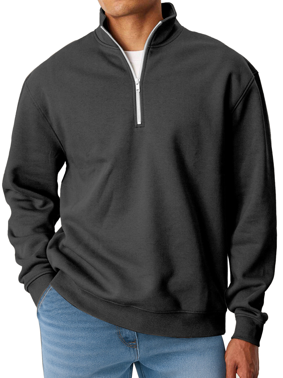 Men's Simple Solid Color Loose Stand Collar Zipper Long Sleeve Sweatshirt
