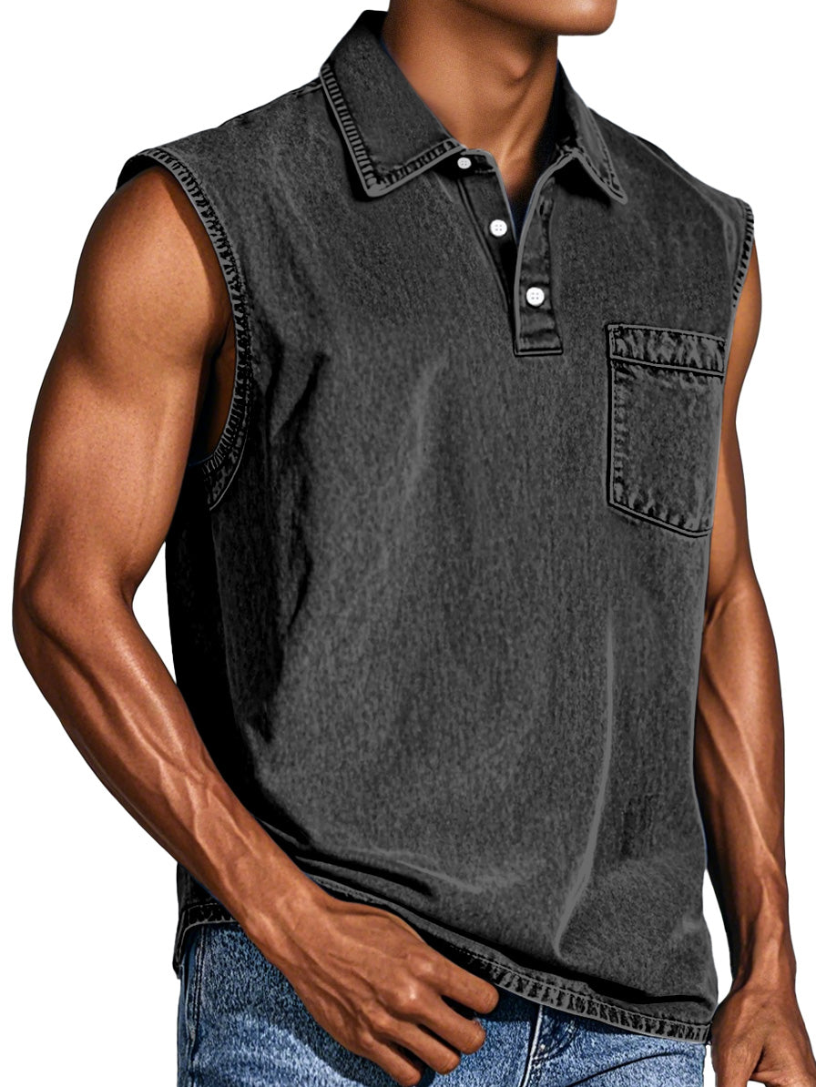 Men's Retro Casual Pocket Button Sleeveless Lapel POLO Shirt