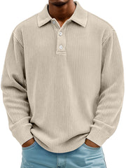 Men's Daily Casual Ribbed Lapel Button-down Loose Long-sleeved Polo Shirt