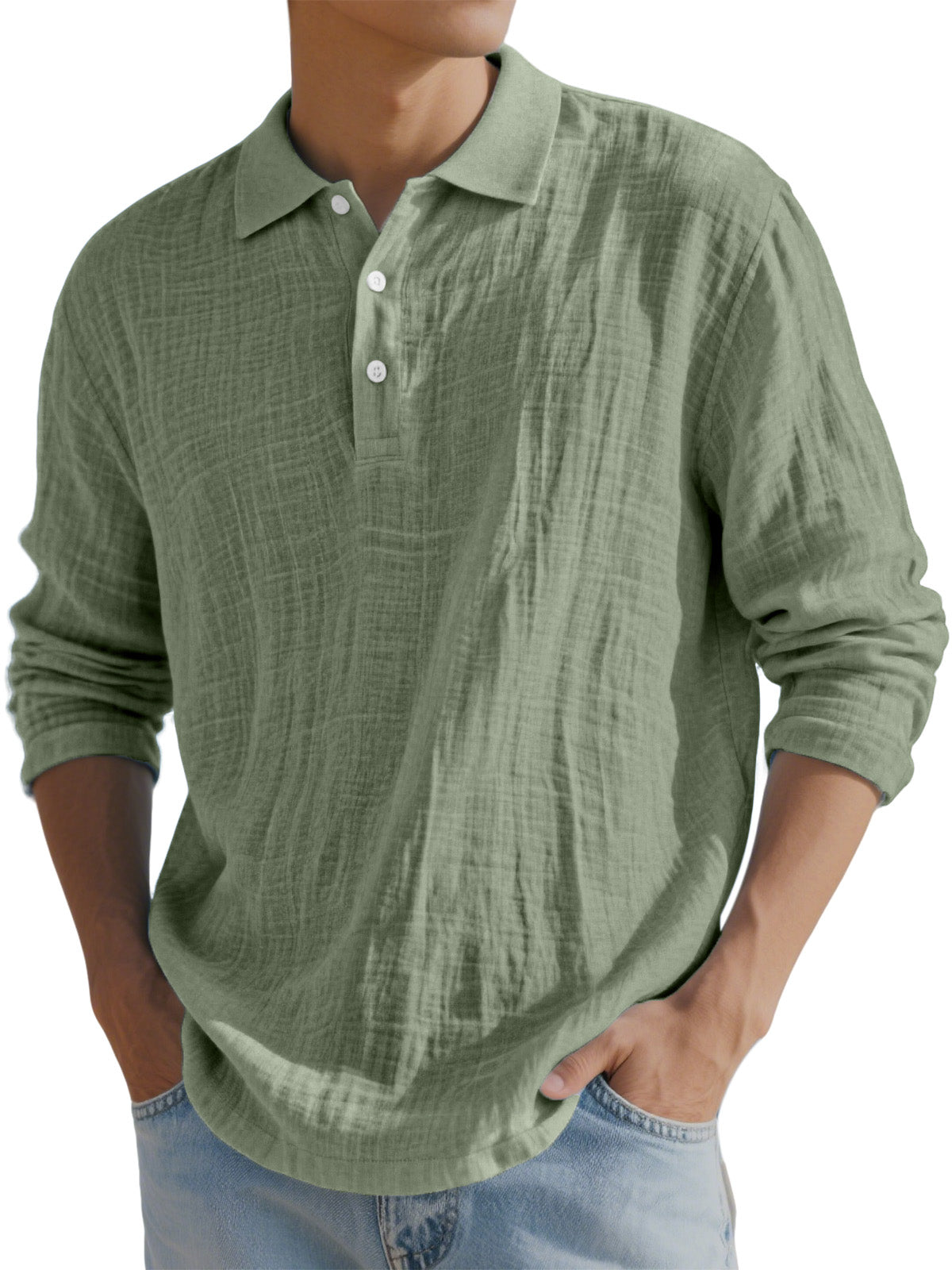Men's Simple Solid Color Breathable Linen Long-sleeved Polo Shirt