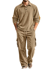 Autumn And Winter Corduroy Lapel Long-sleeved Polo Shirt Straight Pants Casual Suit