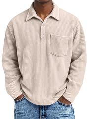 Men's Simple Solid Color Pit Lapel Button Long Sleeve POLO Shirt