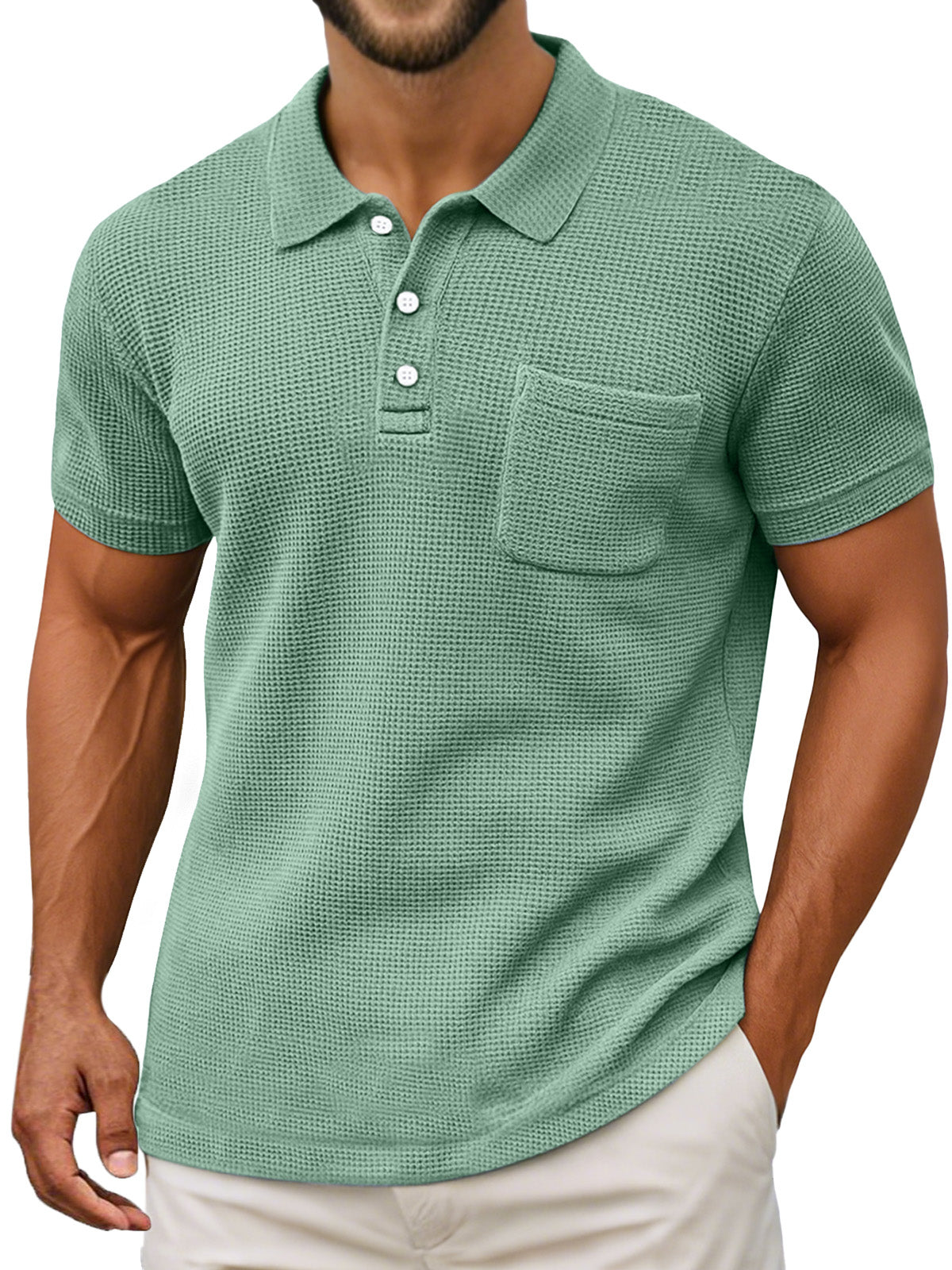 Men's Casual Vintage Waffle Pocket Lapel Button Down Short Sleeve Polo Shirt