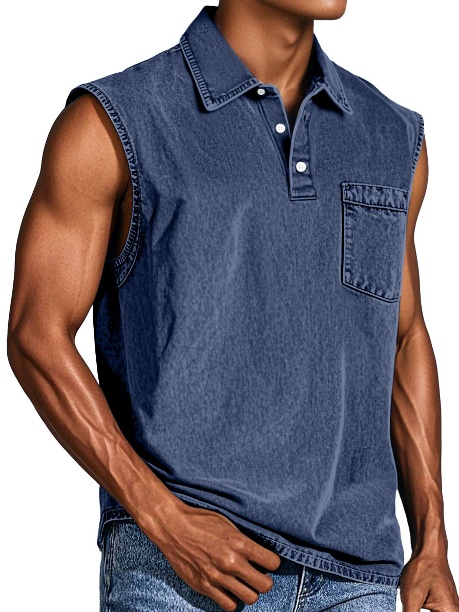 Men's Retro Casual Pocket Button Sleeveless Lapel POLO Shirt