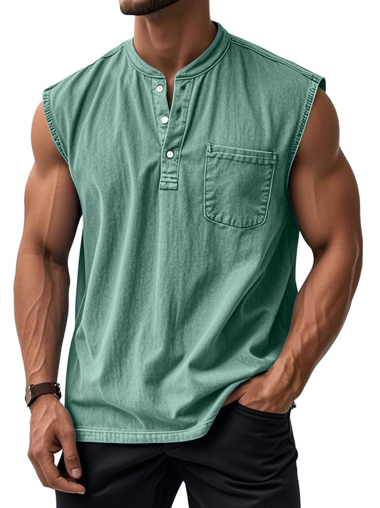 Men's Retro Solid Color Simple Sleeveless Henley Shirt
